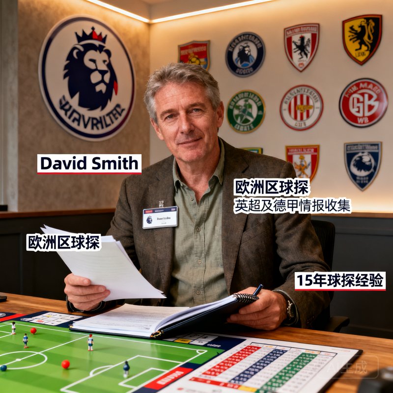 David Smith，欧洲区球探，负责英超及德甲情报收集，拥有15年球探经验